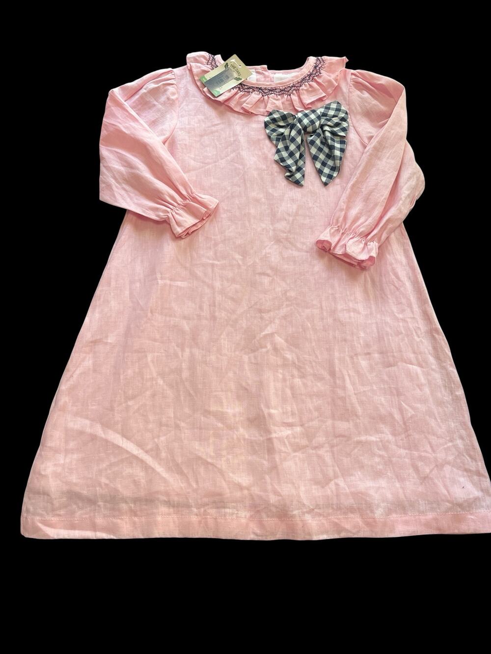 NWT Oaks Apparel Co Dress-Girl-10-Karla pink linen-Gingham bow-Ruffle Collar1160